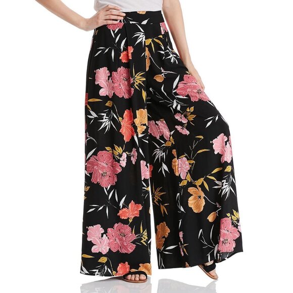 Guess | Black Wide-Leg High Waist Trousers with Pink and Orange Floral Print - 4 - Picture 1 of 8